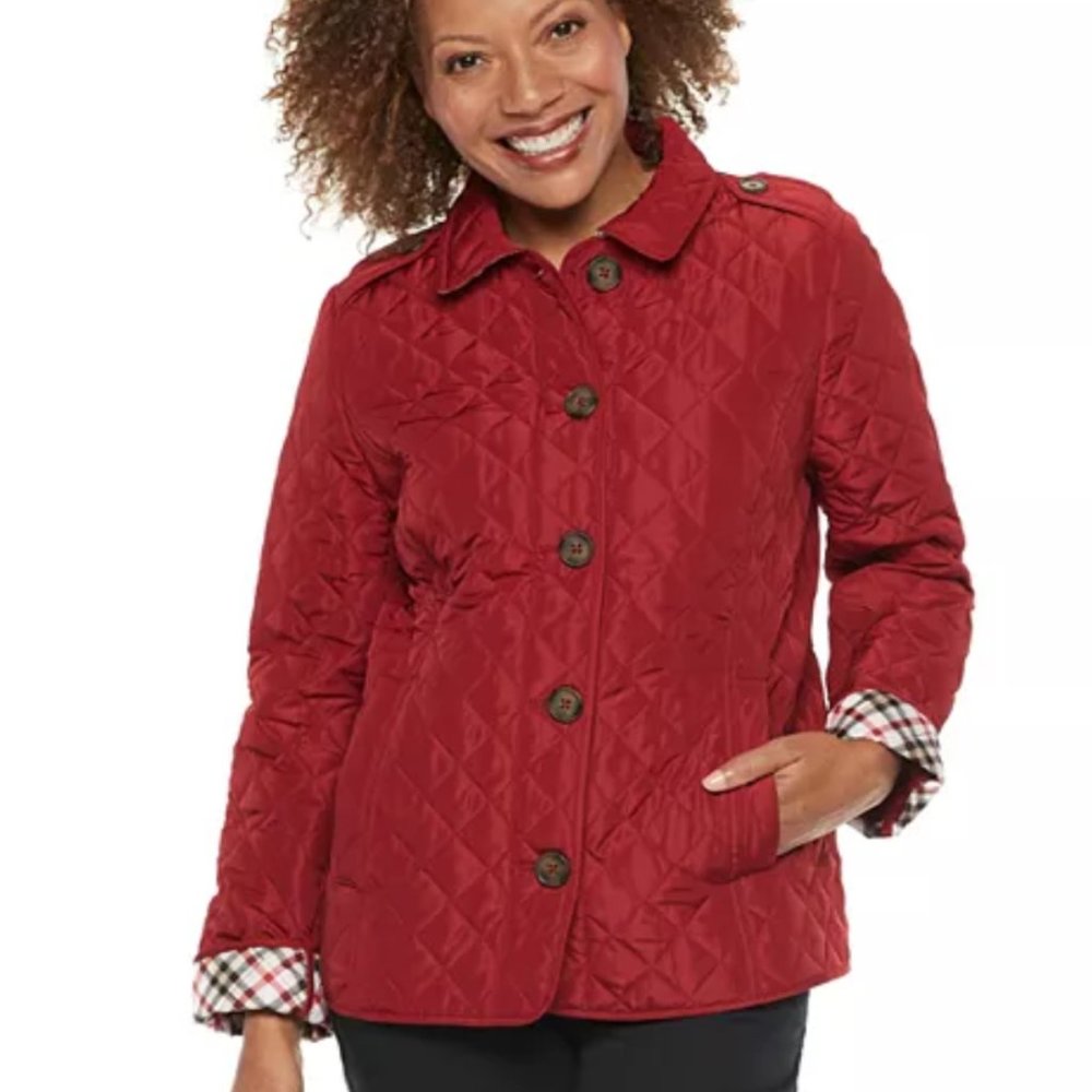 Black Croft & Barrow® Quilted Barn Jacket with plaid trim accents